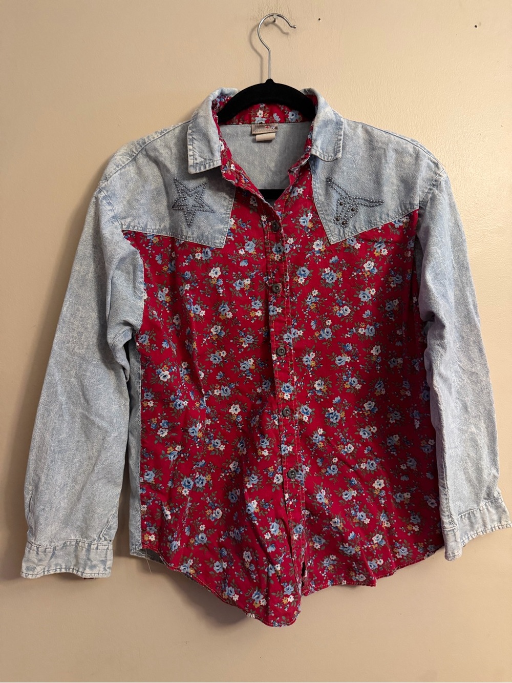French Navy Red Floral Western Denim Yoke Button-Up Shirt